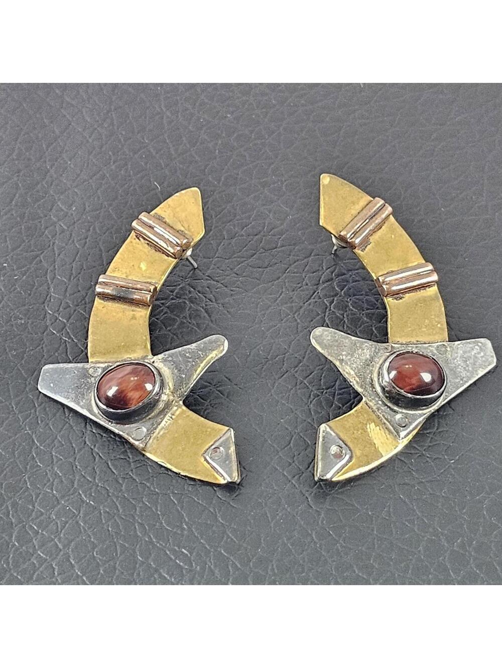 Vintage Mixed Metal Modernist Earrings – Sterling, Brass & Copper – Red Jasper